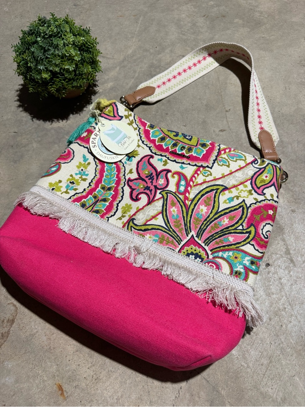Spartina 449 NWT Salt Meadow Boho Shoulder Bag Tote Pink Fringe Hippie Floral